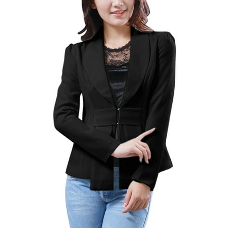Allegra K Women's Shawl Lapel Double Hook Eye Closure Bowknot Accent Blazer Black (Size L / 12)