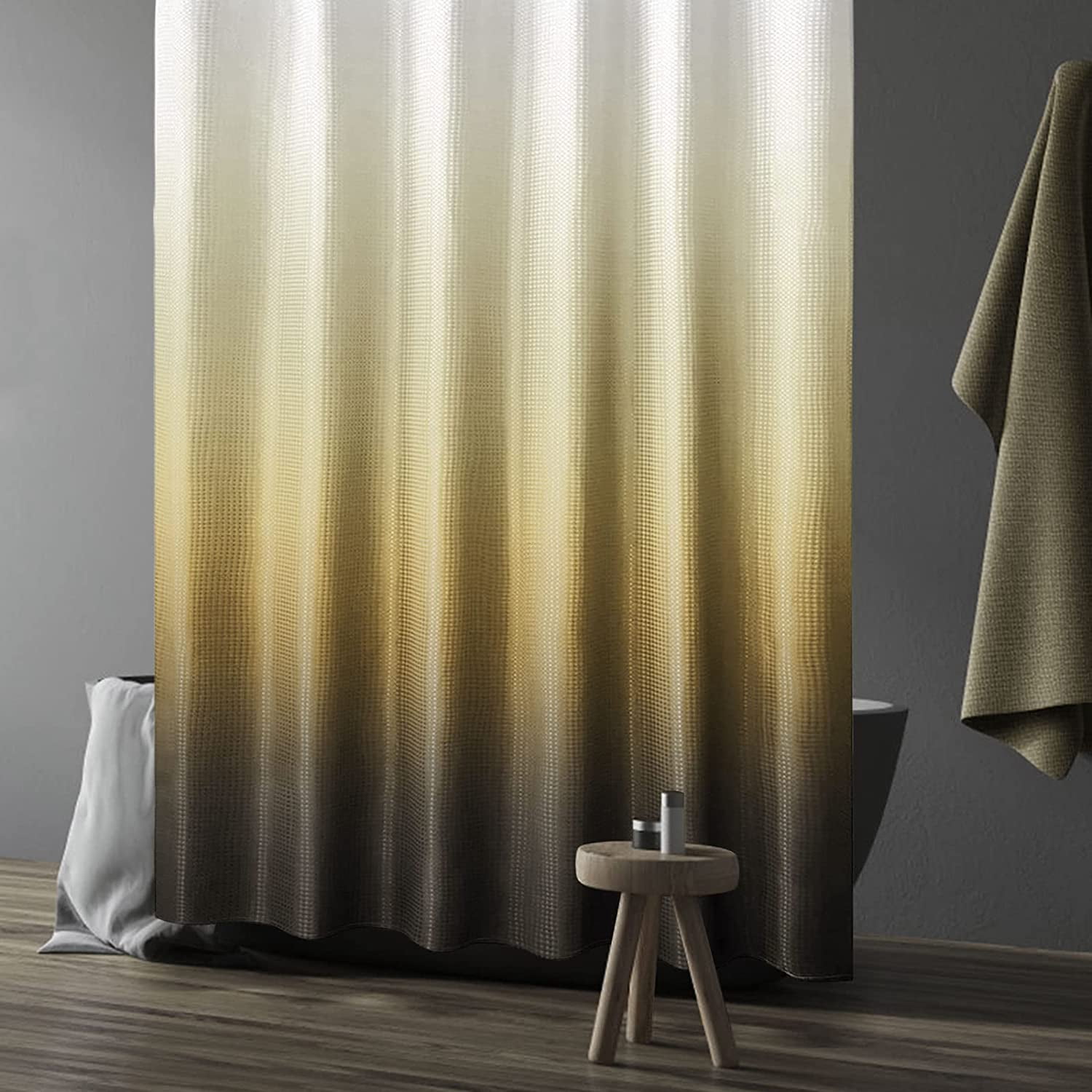 Small Stall Shower Curtain 36 x 72, Narrow Half Brown Ombre Shower Curtain for Bathroom, Waffle Weave Fabric Shower Curtain Set with Hooks, Water Repellent, Machine Washable