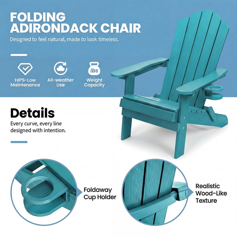 JEKO&JEKO Folding Adirondack Chair Set of 4 with Cup Holder, HIPS All-Weather Outdoor Chair for Patio, Garden, Backyard, Deck – Aruba Blue