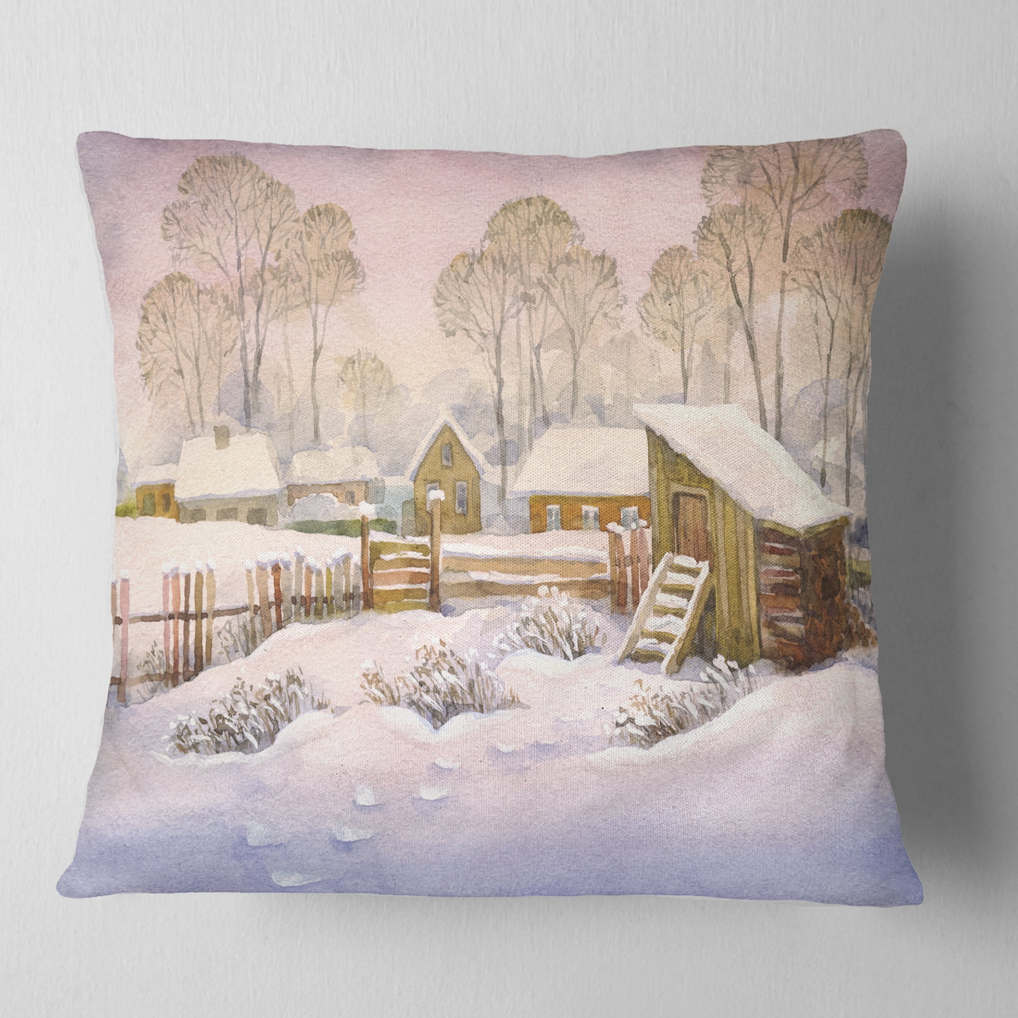 Designart Old Winter Village - Landscape Watercolor Throw Pillow - 16x16