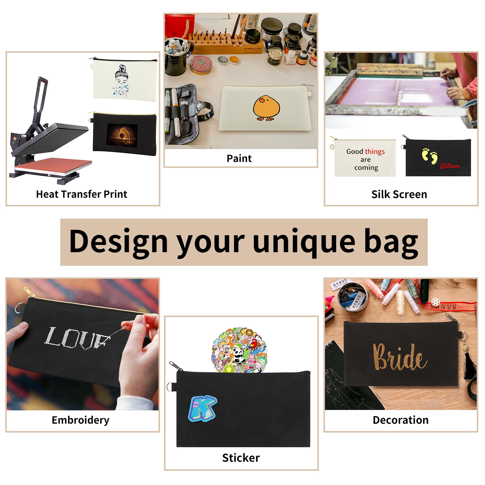 Muka 12 Pack Canvas Zipper Pouch with Metal Carabiner, Black Pencil Case 7-3/4 x 4-1/2 Inches