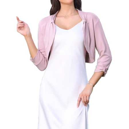 DARING DIVA Women's Cropped 3/4 Ruched Sleeve Open Front Knitted Bolero Shrug XS Pink