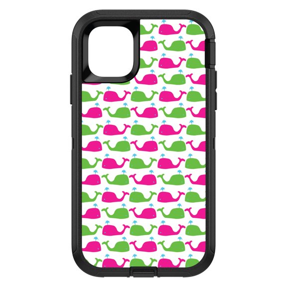 DistinctInk Custom SKIN / DECAL compatible with OtterBox Defender for iPhone 11 (6.1" Screen) - Green Pink Cartoon Whales - Cartoon Whales