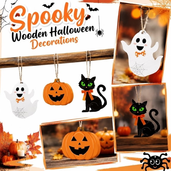 Halloween Hanging Wooden Ornaments –Halloween Cartoon Spooky Wooden Hanging Decor – Farmhouse Tree Window Decor for Halloween Party