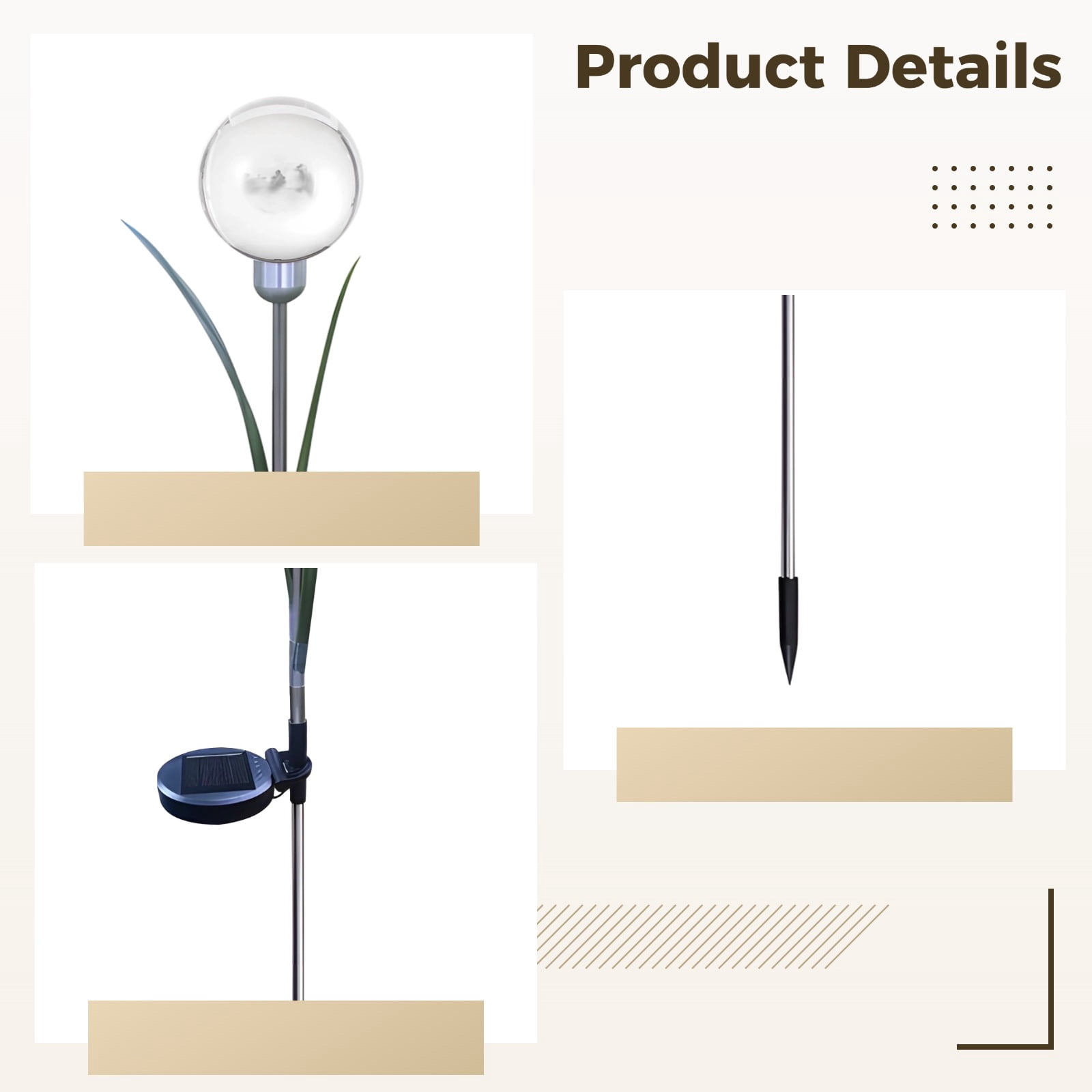 4 PCS Solar Flower Lights Outdoor, Waterproof Solar Ball Lights with Leaves, Stainless Steel 70 CM Garden Stakes, Warm Light for Pathway and Lawn Decoration