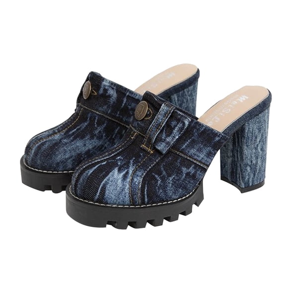 IUJSOY Heels for Women Lug Sole Platform Sandals Closed Toe Denim Slip on Shoes Chunky Pumps