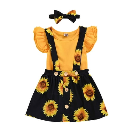

Ruffled Romper+Floral Sunflowers Suspender Skirts Set