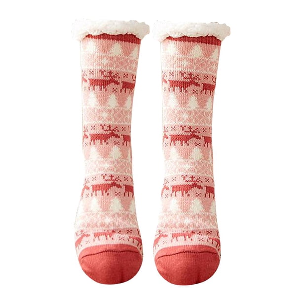 Calcetines peludos para mujer, pantuflas navideñas, pantuflas de invierno, calcetines forrados para el hogar y el interior. Reno rosa