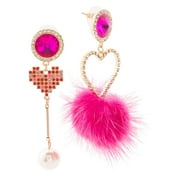 Betsey Johnson Mismatched Drop Earrings, Pink Fuchsia Crystal Heart with Pom Pom and Pearl, Gold-Tone