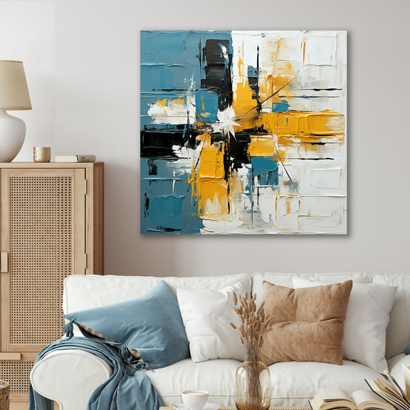 Designart "Elegance of Blue and Yellow Paint I" Abstract Wall Art - Modern Blue Abstract Bedroom Canvas Wall Art