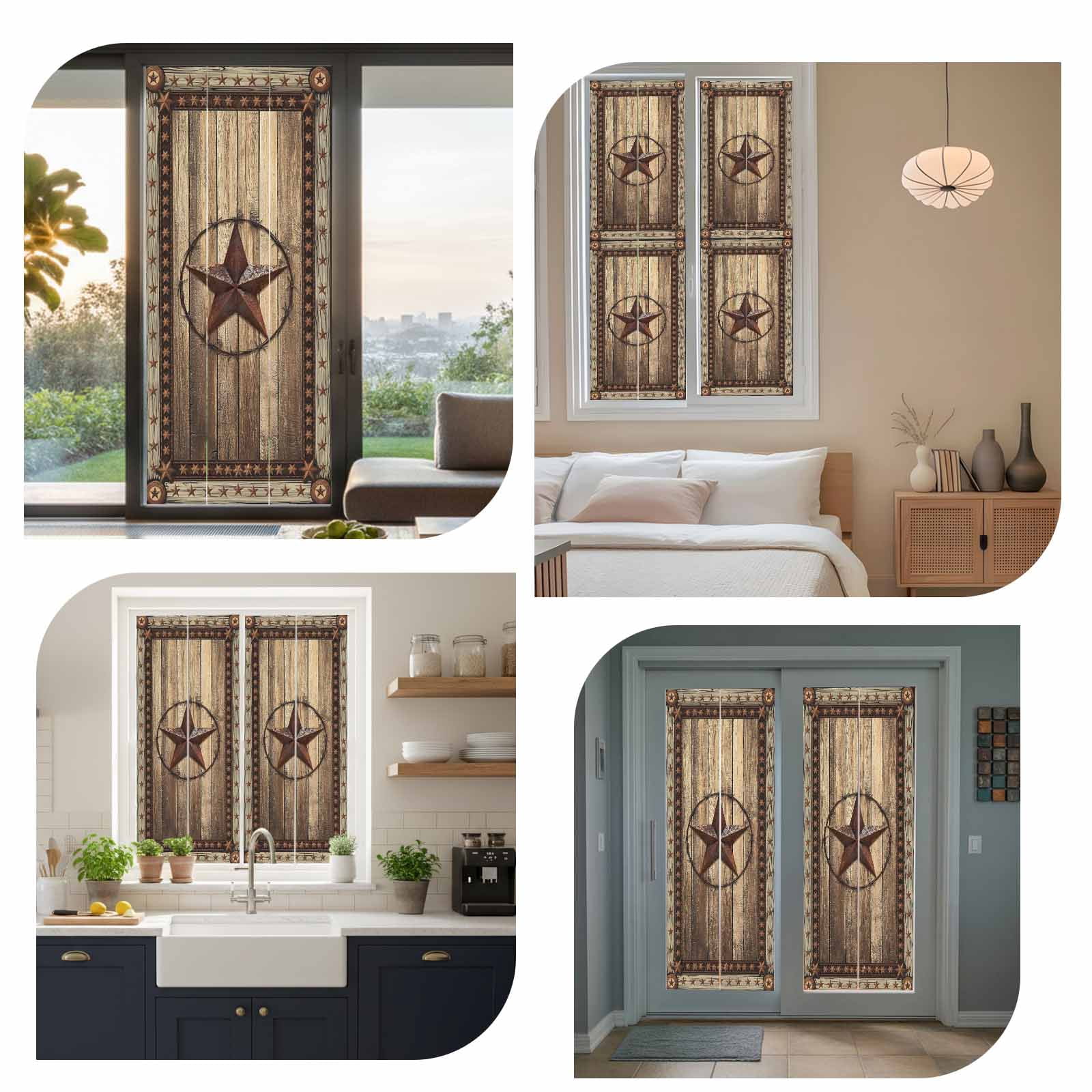 Western Farmhouse Window Privacy Film, Primitive Rustic Country Retro Texas Star Static Cling UV Sun Blocking Heat Control Window Tint, Non-Adhesive One Way Windows Privacy Cover 17.7''x78.7''