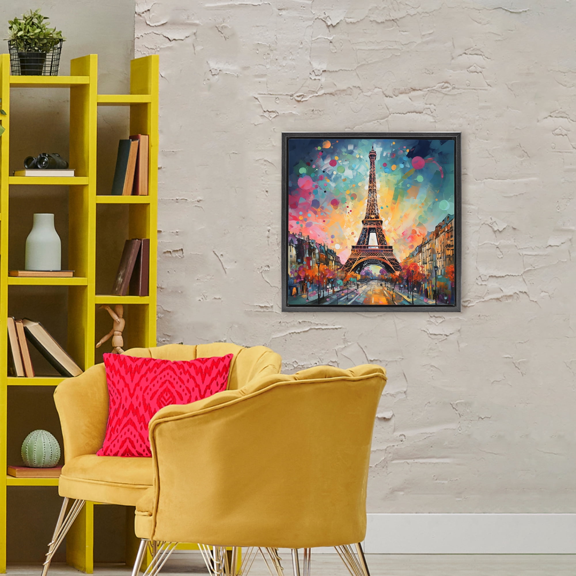 Stupell Industries Eiffel Tower with Vibrant Dots Black Framed Floater Canvas Wall Art, design by Creative Studio