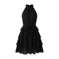 thumbnail image 5 of Women's Casual Halter Zipped Sleeveless Solid Color Dress Layered Ruffle A Line Mini Dress with Drawstring Black, 5 of 8