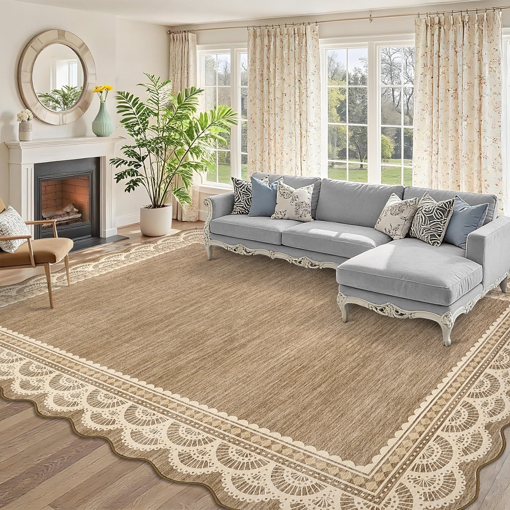 Garvee 9'x12' Scalloped Area Rug Modern Lace Edge Carpet, Washable Solid Rug Non-Slip Low Pile Indoor Mats for Living Room Bedroom Home Decor, Brown