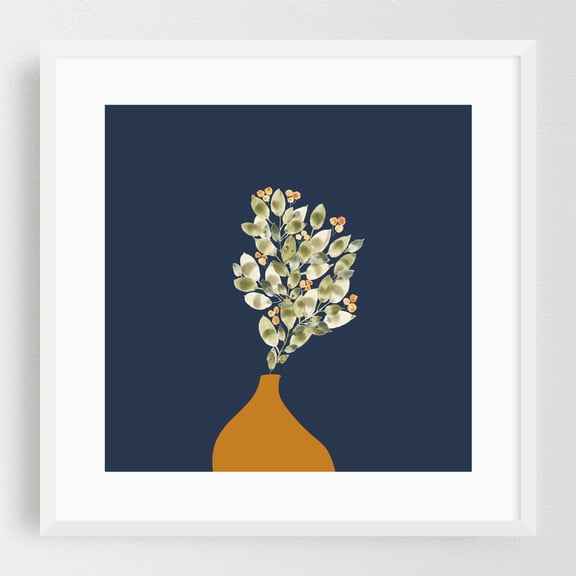 Watercolor painting of green leaves in an orange vase - Mixed Media Botanical Floral Watercolor Minimalist Modern Art Illustration Nature White Framed Wall Art Print 16 x 16 inches