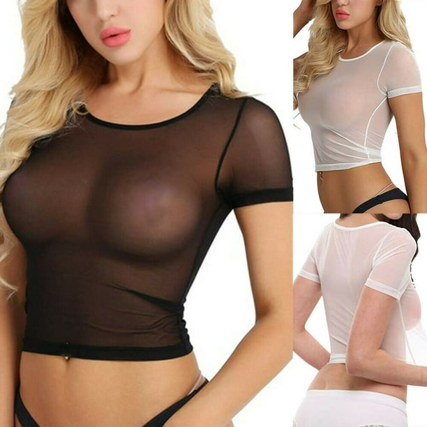 WIFORNT Women Sexy Sheer Mesh See Through Tops, Tee Club Short Sleeve  T-shirt Blouse, Chiffion See Through Top