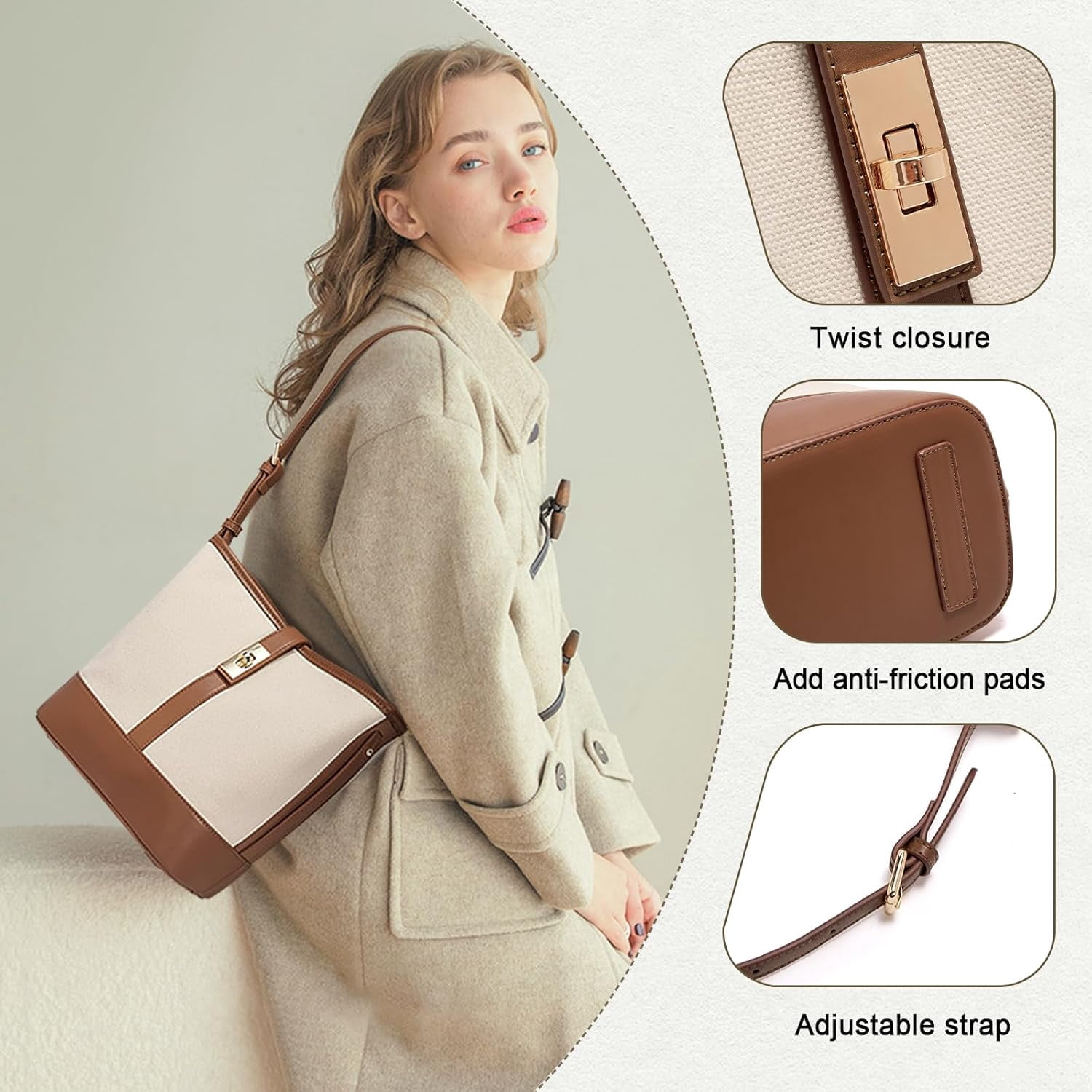 Kwuty Coated Canvas Bucket Crossbody Bags for Women Top-Handle Handbags Small Satchel Purse Trendy Twist Lock