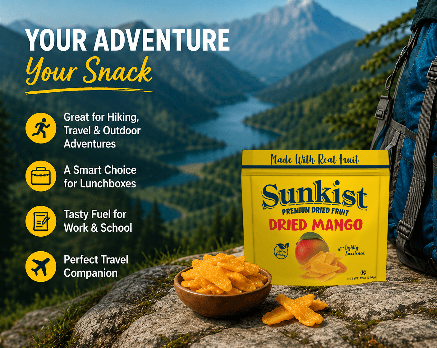 Sunkist Premium Lightly Sweetened Dried Mango, 12 oz Bag