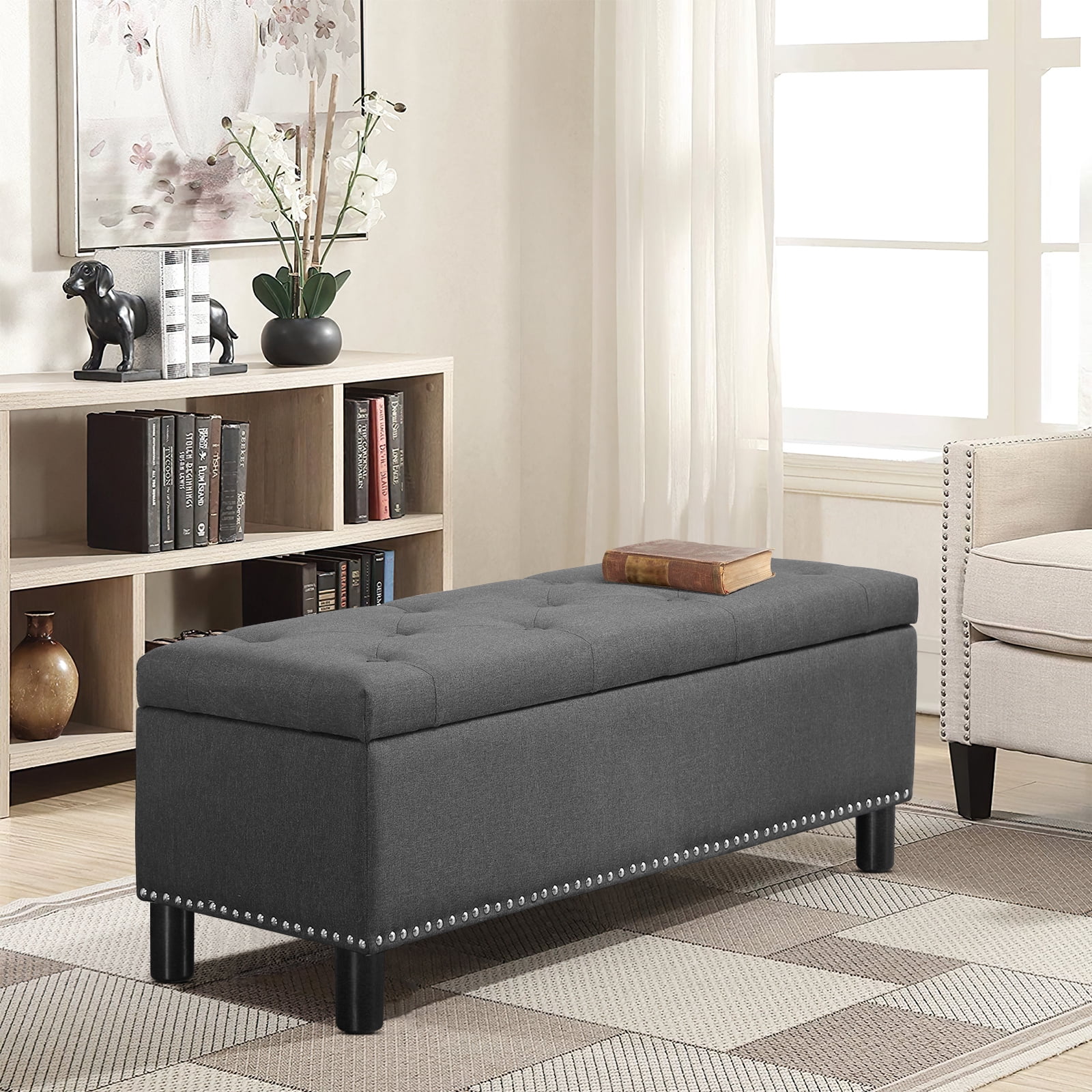 Furniliving Modern Upholstered Button Tufted Storage Ottoman Entryway Bench for Bedroom Livingroom, Dark Grey