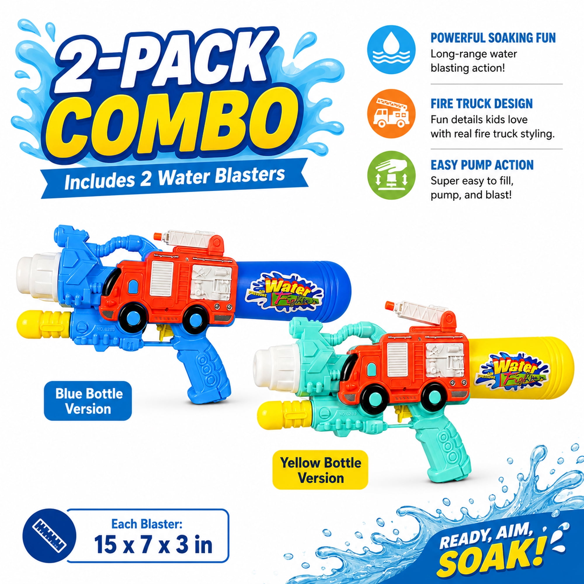 2-Pack Firetruck Water Blaster Outdoor Toys, 15 Inch Pump Action Water Spray Toy Set with Refillable Bottles, Tube Connection and Movable Ladder for Kids Summer Play