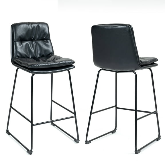 Set of 2 Bauer Black Faux Leather Counter Stool with Black Iron Legs