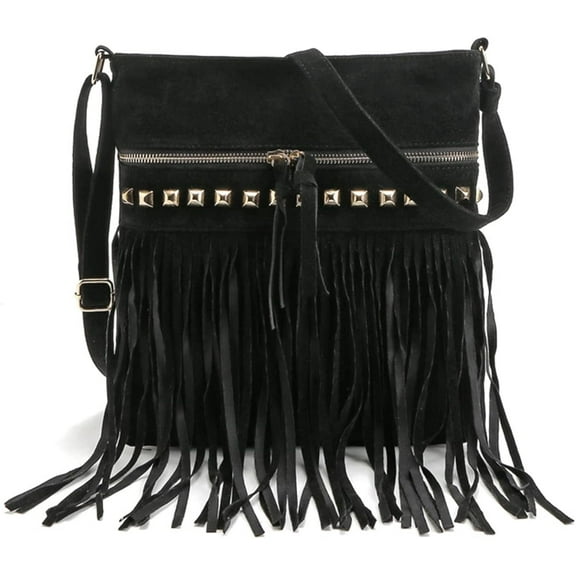HMSHA Women Hobo Fringe Crossbody Bag Vintage Small Bohemian Tassel Shoulder Bag Studded Faux Suede Western Hippie Boho Purse