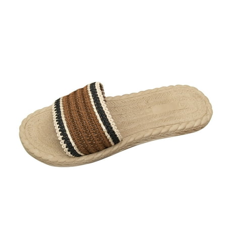 

Youmylove Women Slide Slippers Fashion Summer Patchwork Cloth Open Toe Grass Woven Bottom Flat Slippers Comfort Cozy Leisure Daily Walking