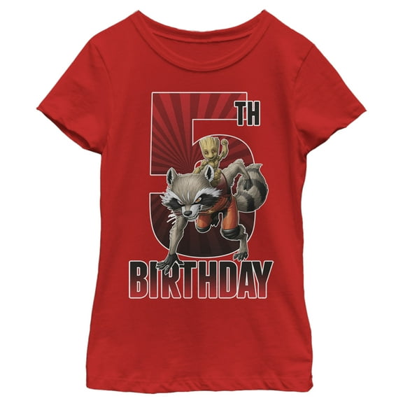 Girl's Marvel Rocket and Baby Groot 5th Birthday  Graphic Tee Red Medium