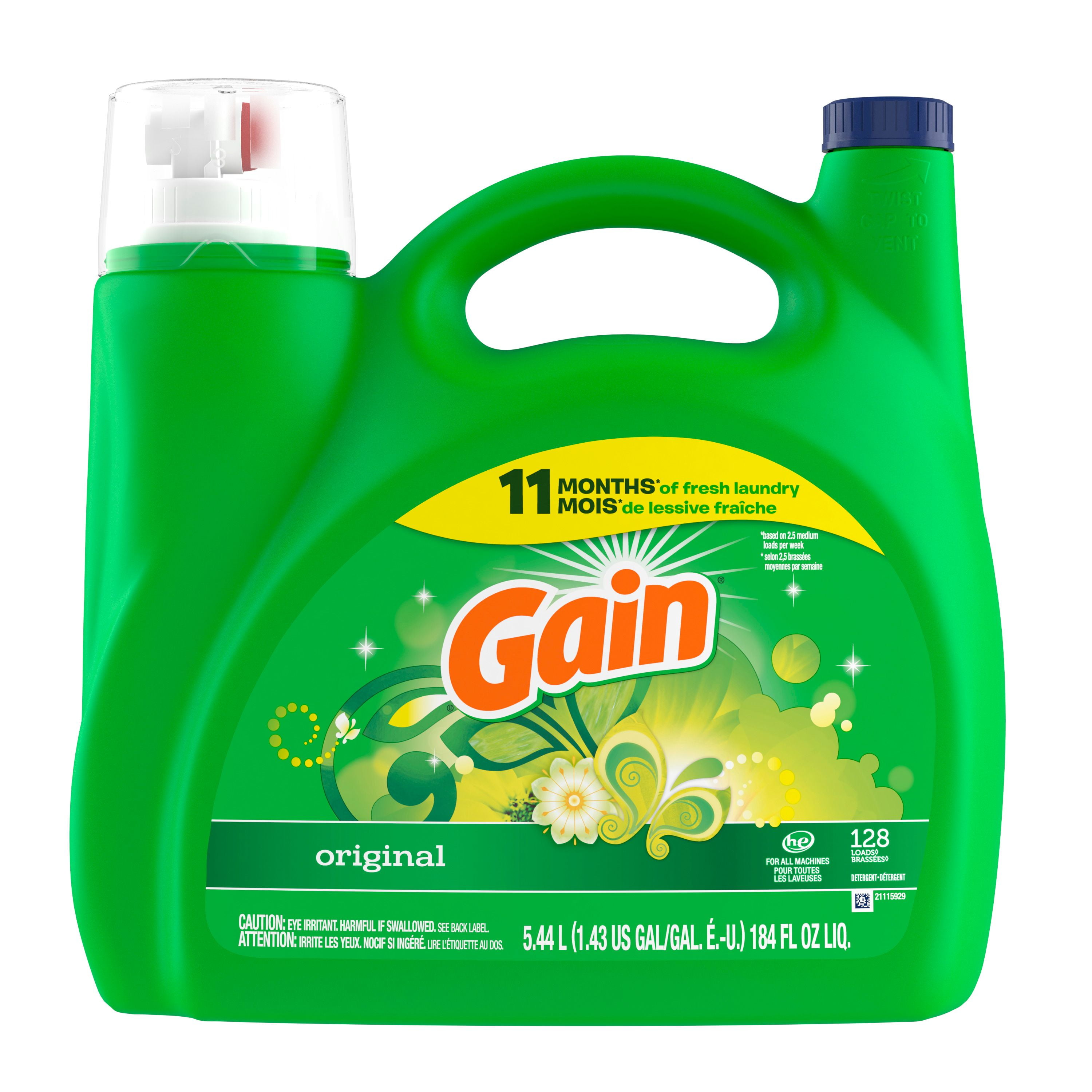 Gain Liquid Laundry Detergent, Original Scent, 5.44 L, 128 loads, Freshness + Odour Fighting, Laundry Detergent Liquid Soap, HE compatible, 5.44L