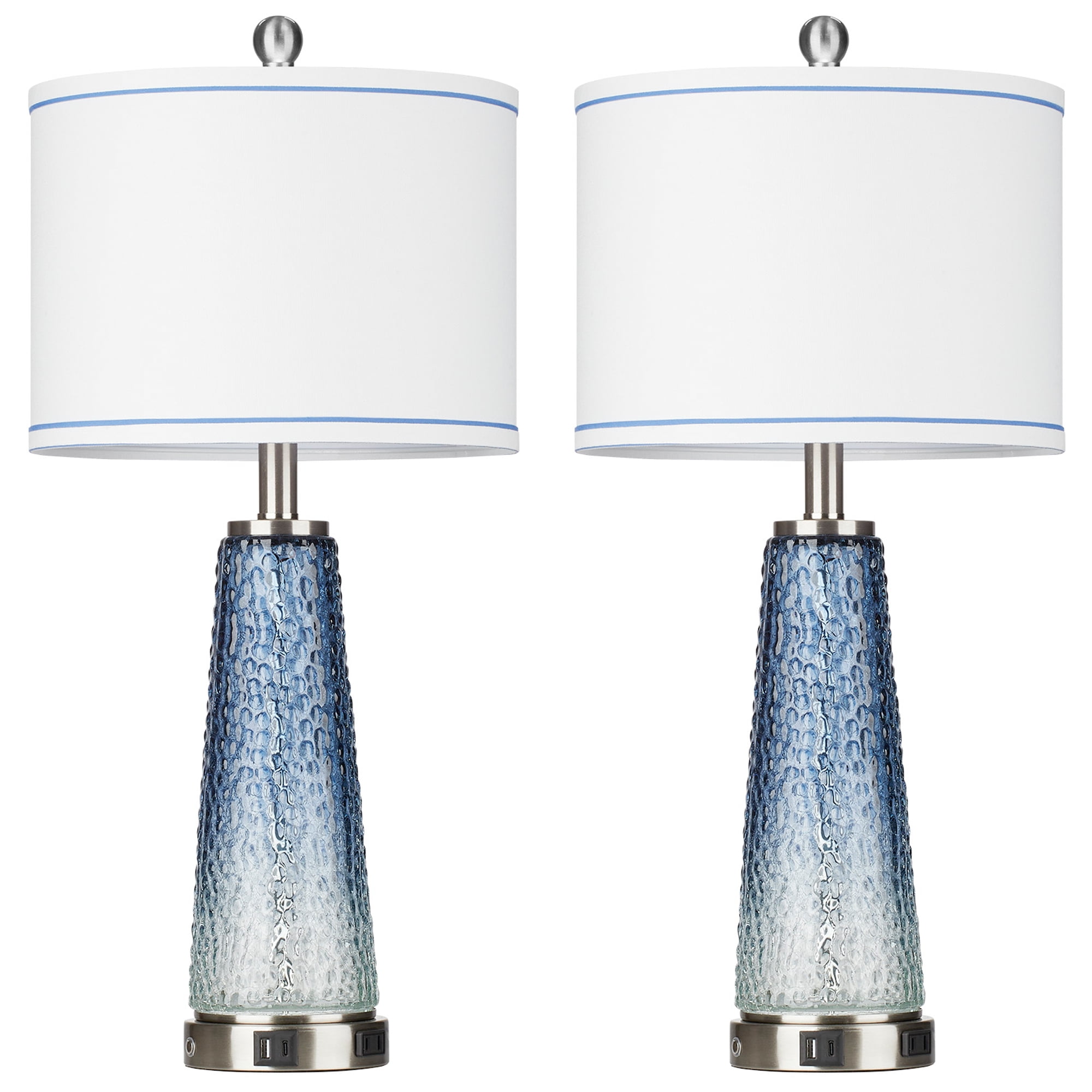 Cinkeda Glass Table Lamp Set of 2 with Nightlight USB A+C Ports AC Outlet Modern Gradient Blue Nightstand Bedside Lamps for Bedroom Living Room