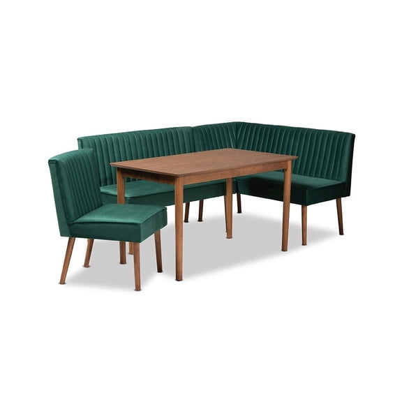 Baxton Studio Alvis Mid-Century Modern Emerald Green Velvet Upholstered and Walnut Brown Finished Wood 4-Piece Dining