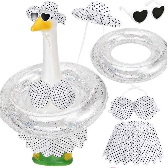23In Polka Dot Summer Beach Costume for Porch Goose Statue,Bikini Hat Sunglasses Necklace Glitter Swim Ring,Pool Yard Garden Decor