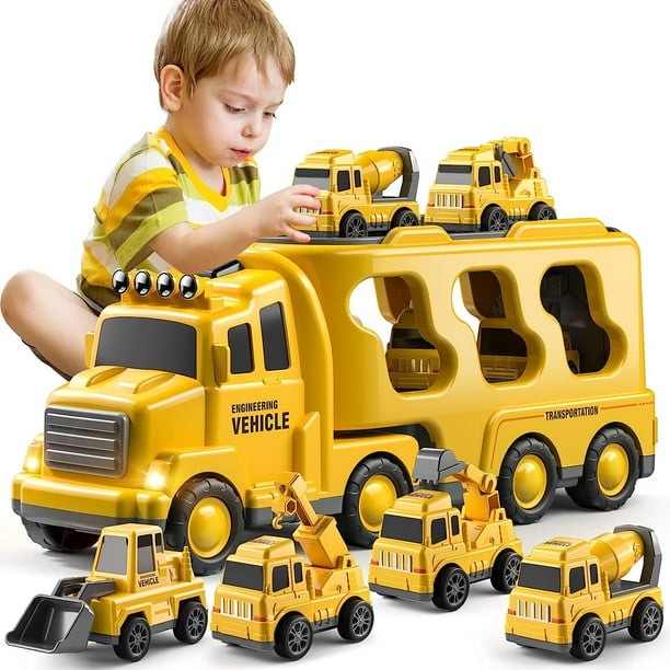 TEMI Camión de Construcción Juguetes Coches para Niños Pequeños 3-5 - 7-en-1 Vehículo Eléctrico de Fricción Juguete 3 4 5 6 Años, Camiones de Transporte para Niños Años, Juego de Coches Edad 3-9 Niños
