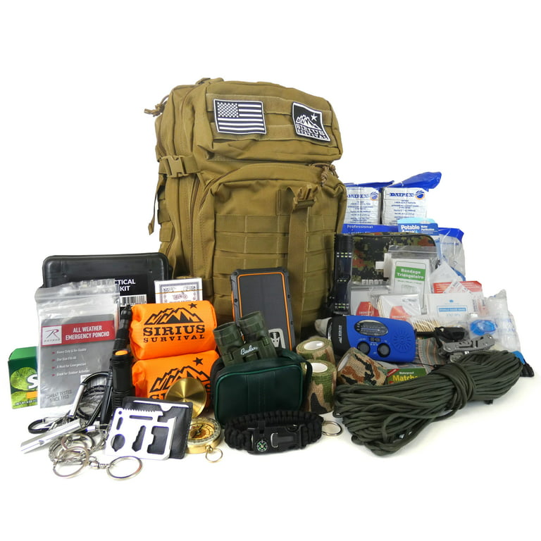 Sirius Survival Pre-Packed Emergency Survival Kit/Bug Out Bag for 2 - Over  150 Pieces, Tan, 50BOB01-TAN 