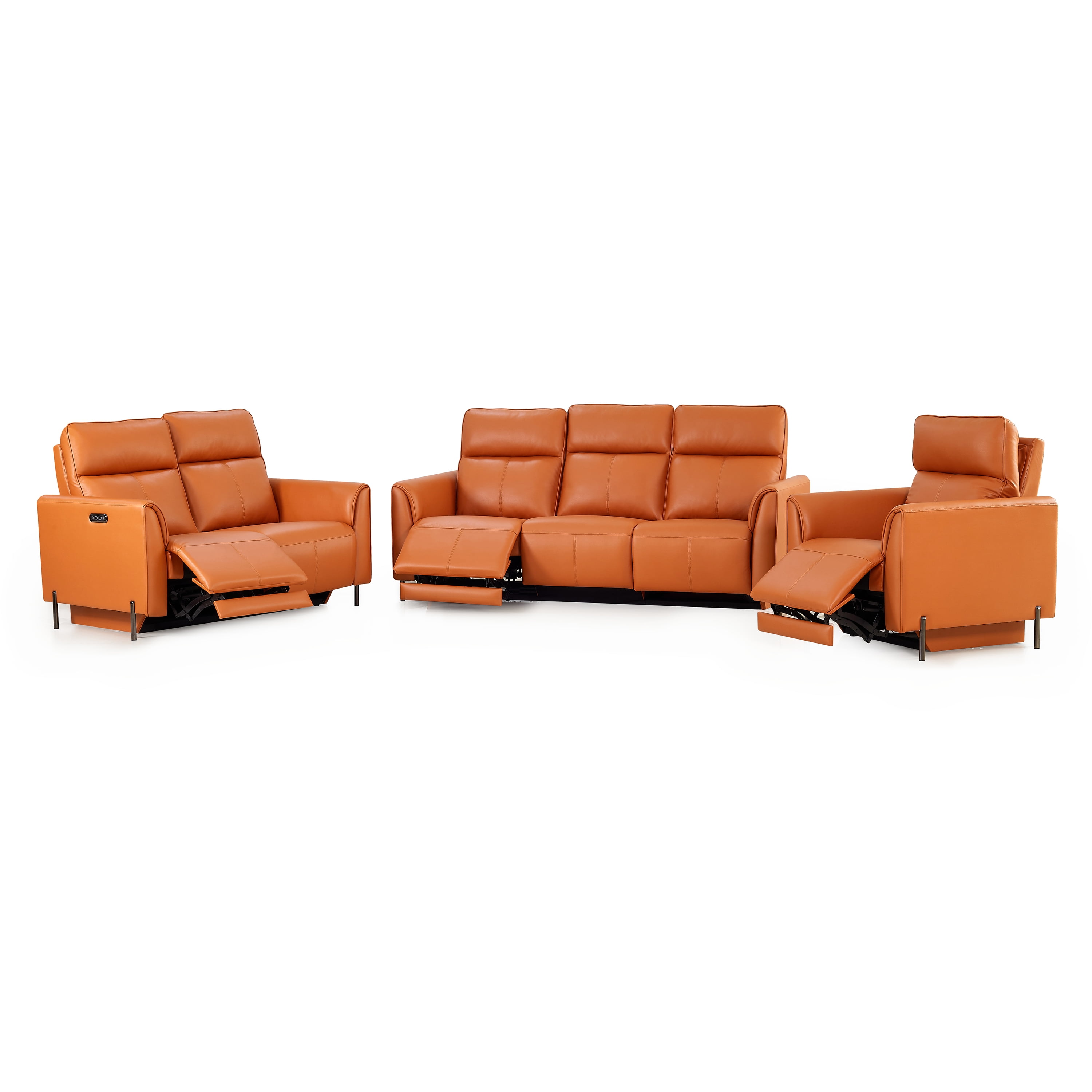 Modern 3-Piece Leather Reclining Sofa Set with Power Recliners and Head Control, Orange