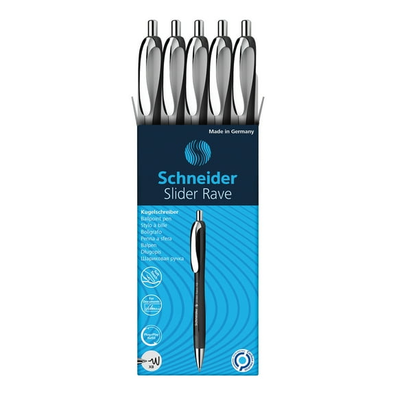 Schneider Slider Rave XB Retractable Ballpoint Pens, White-Black Barrel/Blue Ink, Box of 5