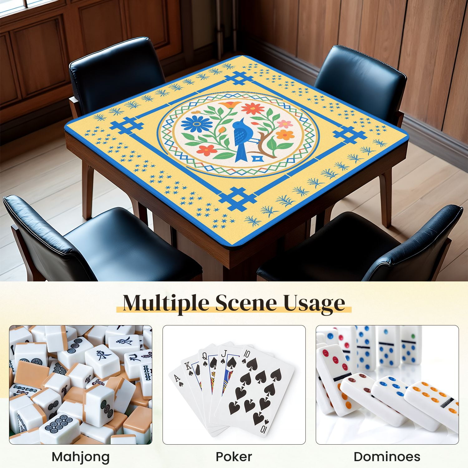 Mahjong Mat 31.5" x 31.5" Blue Bird Colorful Anti-Slip and Noise Reduction Symmetry Design Mahjong Tiles Table Cover for Dominoes Poker Card Board and Tile Games