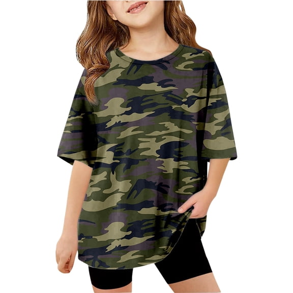 RTKFRFLM Girls T-Shirt Cool Army Camo Pattern Crewneck Drop Shoulder Short Sleeve Active Play Tee 5-14 Years