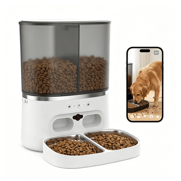 XUBIYM Automatic Cat Feeder with Camera,Automatic Dog Feeder Dry Food,8L Dual Hopper Auto Cat Food Dispenser,1080P Hd Video with Night 2-Way Audio/App,5G Wifi Pet Feeder with Low Food