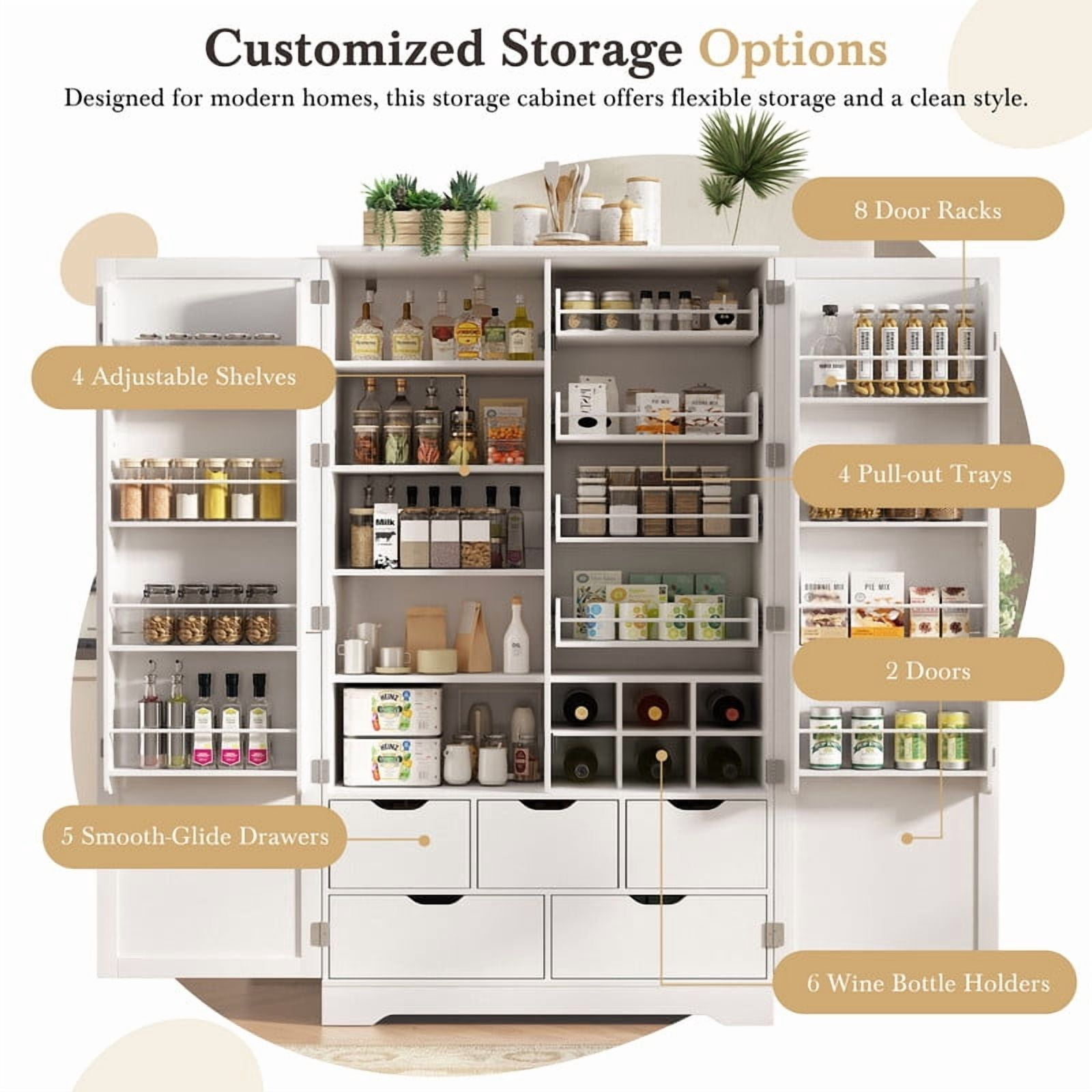 All-in-One Kitchen Pantry Bar Cabinet with Drawers, Hidden Trays, Racks & Adjustable Shelves, Freestanding Storage Cupboard