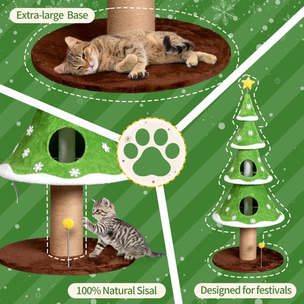 59in Large Tall Christmas Tree Cat Tower - 2 Cat Houses, Soft Fleece, Teaser Toy, Sisal Scratching Post, Multi-Level Activity Center for Cats