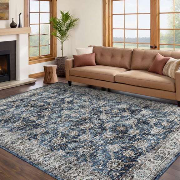 5'x7' Blue Vintage Floral Washable Area Rug Non Slip Low Pile Foldable Farmhouse Indoor Carpet for Living Room Bedroom