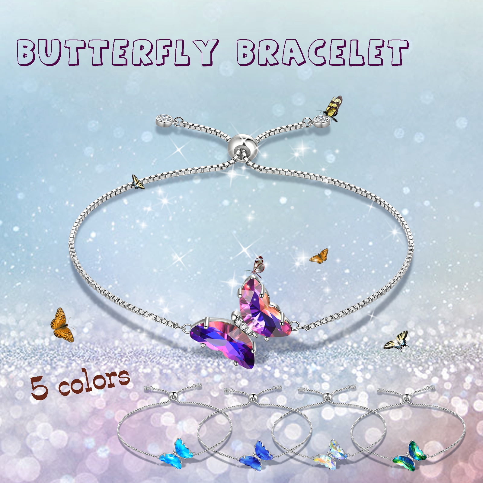 Sterling Silver Butterfly Bracelet Amethyst February Birthstone Bracelet Purple Crystal Jewelry Women Birthday Mother's Day Gifts Juwaliy