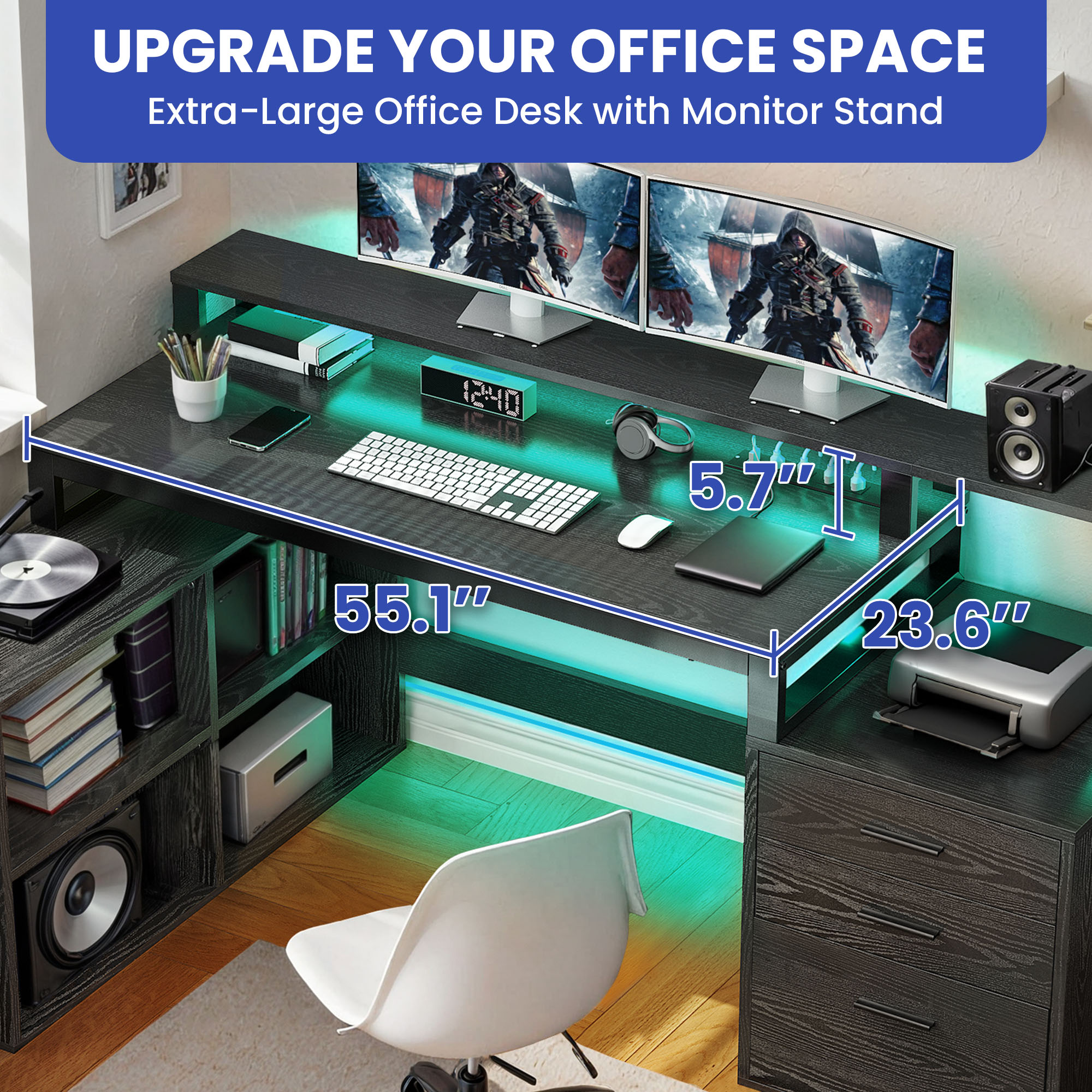 ModFusion 65" Home Office Desk with 3 Drawers & 4 Storage Shelves, L-Shaped Computer Desk with Power Outlets, LED Lights & Printer Stand, Black