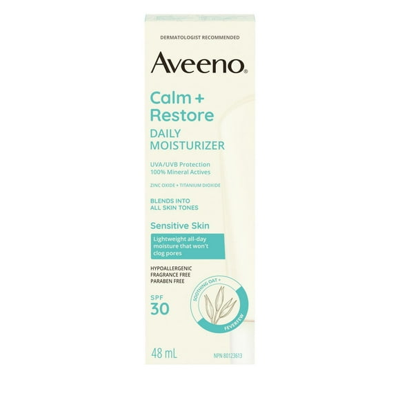 Aveeno® Calm + Restore Daily Moisturizer, SPF 30, 100% Mineral Actives, Broad Spectrum, Non-comedogenic Sensitive Skin, Oat, Hypoallergenic, Fragrance Free
