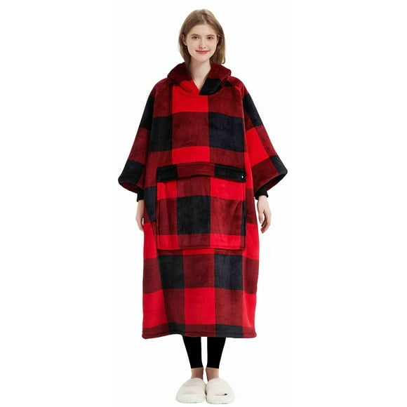 Sudadera con capucha KFUBUO Long Sherpa para adulto a cuadros rojos