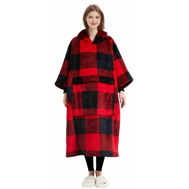 Sudadera con capucha KFUBUO Long Sherpa para adulto a cuadros rojos