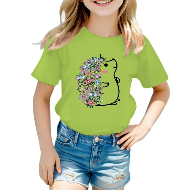 WEIYLL T-Shirts pour Filles Mignon Hérisson Imprimé Fleur Col Rond Manches Courtes Vêtements d'Été Décontractés pour Enfants de 7-8 Ans