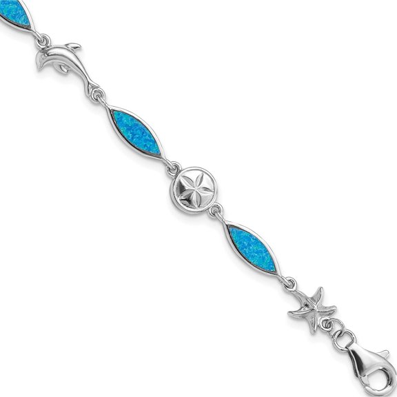 Sterling Silver Rhodium-Plated Lab Created Opal Sea Life Bracelet (7 X 20) Made In China qg4237-7