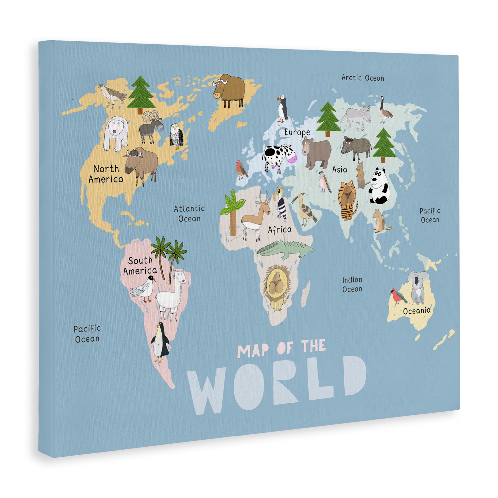 Kid's Map Of World Blue Canvas Wall Art, design by Carla Daly